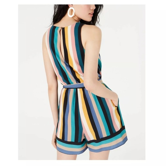 Speechless Pants - Speechless Blue Striped V Neck Belted Romper Size Medium